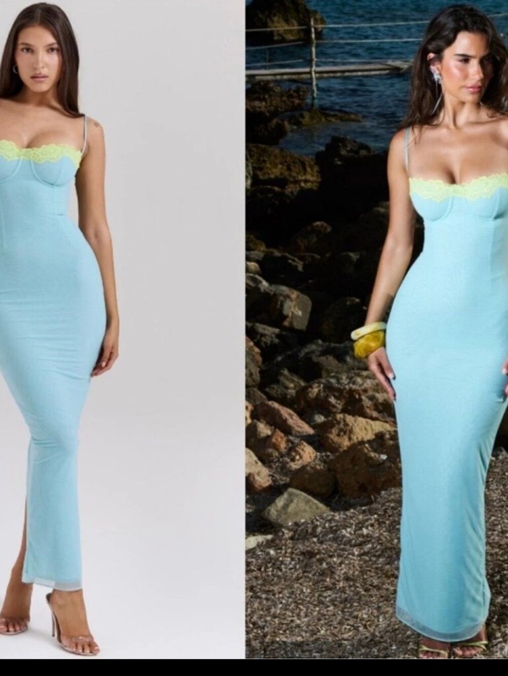 NWOT HOUSE OF CB Aiza Ocean Blue Contrast Lace Maxi Dress sz L